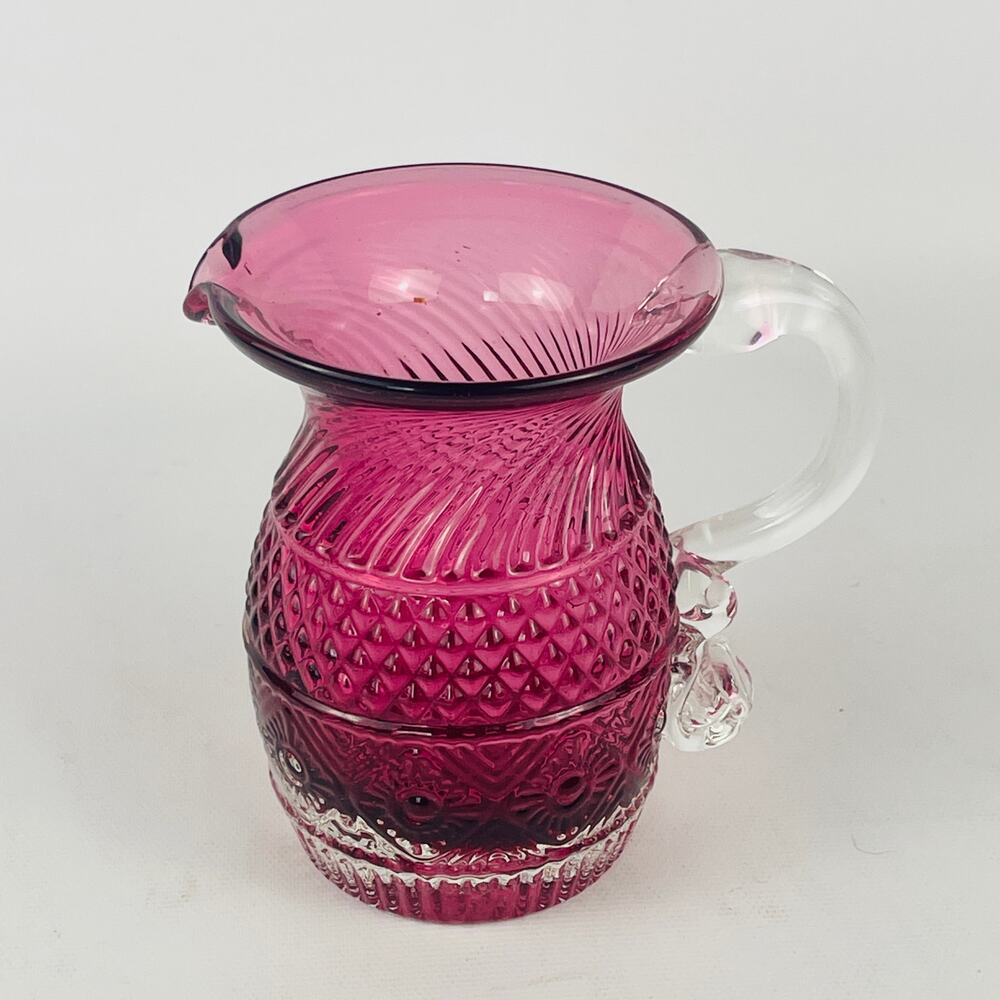 Vintage Pilgrim Cranberry Glass Pitcher 4" Applied Clear Handle